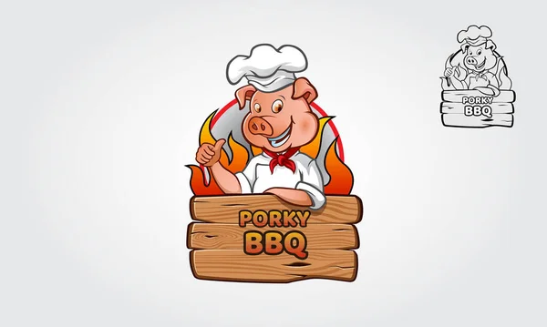 Porky Bbq Logo Tecknad Karaktär Glad Rolig Tecknad Gris Illustration — Stock vektor