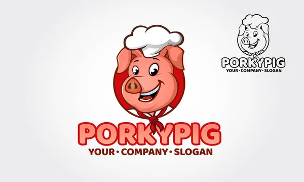 Porky Pig Logo Stripfiguur Happy Pig Chef Hoofd Cartoon Vectorlogo — Stockvector