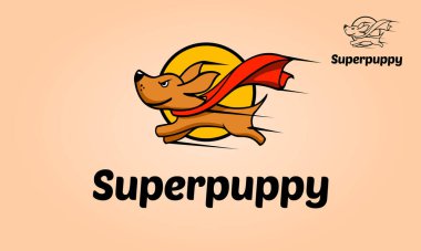 Super Puppy Vector Logo Çizgi Filmi. Büyük ve basit bir logo. Şirketiniz için hatırlanması çok kolay bir Superdog logosu. Vektör logosu illüstrasyonu.