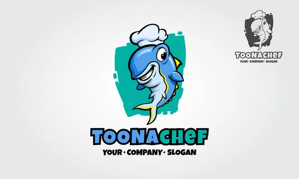 Toonachef Vektör Logosu Çizimi. Çizgi film tarzında bir balık şefi tasviri. Çizgi film mutlu balık karakterleri.