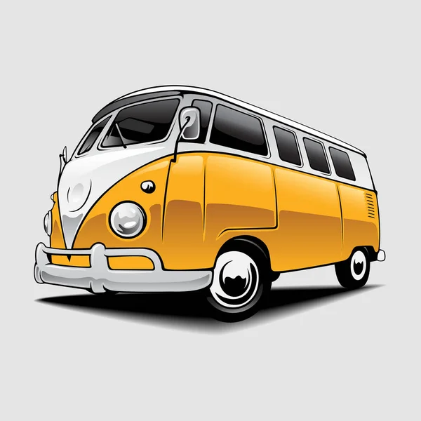 Retro Yellow Car Vector çizgi filmi beyaz arka planda gölgeli. Komik karikatür taşıma illüstrasyonu.