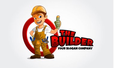 İnşaatçı Maskot Logosu. Mimar adam karakteri onaylandı. Herhangi bir işletme kimlik mimarisi, mülk, emlak, konut çözümleri, ev dekorasyonu, inşaat mühendisleri vs. için logo şablonu