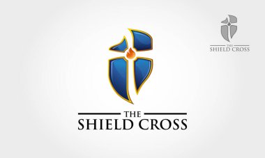 Shield Cross Vektör Logosu İllüstrasyonu. Okul için şablon logosu ya da beyaz arka planda haç şeklinde tıbbi logo. 