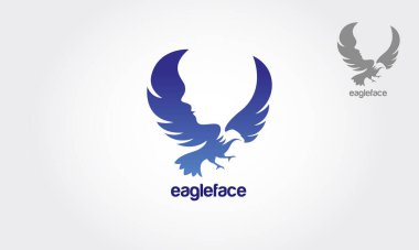 Kartal Yüzlü Vektör Logo Şablonu. Zarif uçan kartal logolarının mavi siluetleri. Hanedanlık ve av tasarımı için geniş kanatları var..