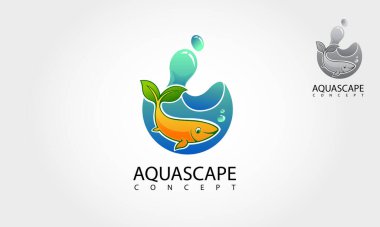 Aquascape Vektör Logosu Çizimi. Doğa Akvaryumu Balık Logosu Şablonu. Balık ve Yaprak Logosu Sembolü. 