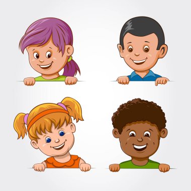 Çok ırklı erkek ve kızlar beyaz arka planda izole edilmiş durumdalar.