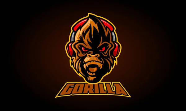 Gorilla Mascot Logo Illustration Серйозна Голова Горили Навушниках Чорному Тлі — стоковий вектор