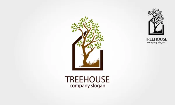 Ağaç Evi Vektör Logosu Çizimi. Ev ve ağaçla ilgili basit bir logo kavramı. Bahçe, dekorasyon, peyzaj, botanik ve benzersiz konsept için mükemmel bir logo..