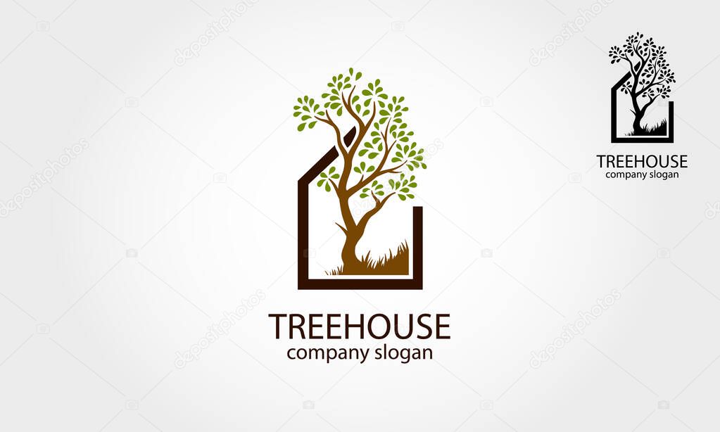 Tree House Vector Logo Illustration. Simple logo concept with house and tree. Excellent logo for garden, decoration, landscaping, botany and etc, simple and unique concept.