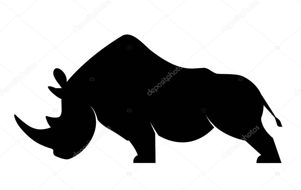 Silhouette of a rhino in a threatening position on a white background