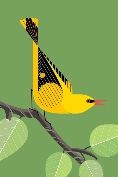 Jasně Žlutý Oriole Zpívá Větvi Stromu Zeleném Pozadí Stylizovaný Obraz — Stockový vektor