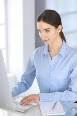 Modern ofisteki cam masada bilgisayarla çalışan bir iş kadını. Sunum hazırlayan öğrenci kız ya da dengeyi sağlayan muhasebeci. Vergi ve denetim kavramı