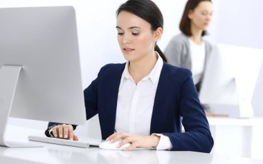 Ofiste bilgisayarla çalışan bir iş kadını. Avukat ya da muhasebeci işte oturuyor, vesikalık fotoğraf. İş konsepti