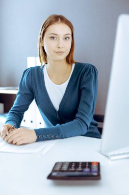 Muhasebeci mali durumu kontrol ediyor ya da vergi formları için hesap makinesi geliri ile sayıyor, eller yakın çekim. Ofisteki masada oturan ve çalışan bir iş kadını. Denetim kavramı