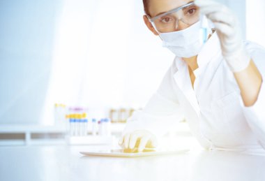 Kadın laboratuvar asistanı mavi sıvıyla test tüpünü analiz ediyor. Tıp, sağlık ve araştırma konsepti