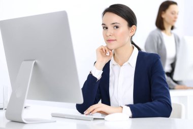 Ofiste bilgisayarla çalışan bir iş kadını. Avukat ya da muhasebeci işte oturuyor, vesikalık fotoğraf. İş konsepti