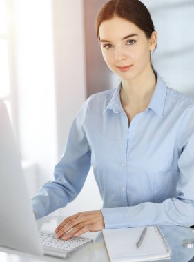 Modern ofisteki cam masada bilgisayarla çalışan bir iş kadını. Sunum hazırlayan öğrenci kız ya da dengeyi sağlayan muhasebeci. Vergi ve denetim kavramı