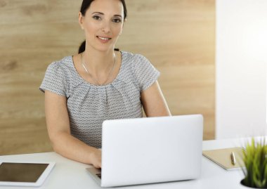 Neşeli gülümseyen iş kadını güneşli ofisteki masada otururken bilgisayarla çalışıyor. Orta yaşlı kadın avukat ya da denetçi.
