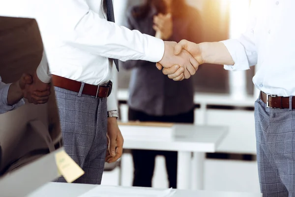 Two businessmen shaking hands in sunny office, close-up. Happy and excited business woman stands with raising hands at the background. Business people concept — Stock Photo, Image