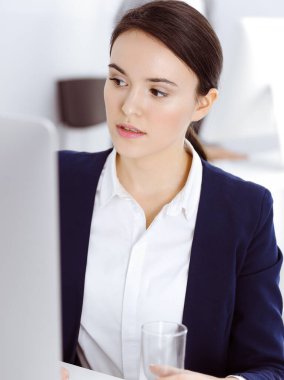 Ofiste bilgisayarla çalışan bir iş kadını. Avukat ya da muhasebeci işte oturuyor, vesikalık fotoğraf. İş konsepti