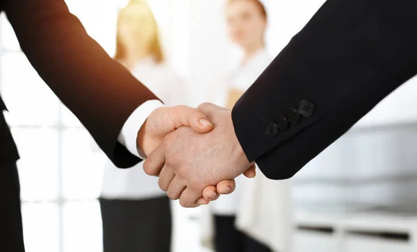 Affärsman och kvinna skakar hand med kollegor i bakgrunden. Handslag på möte i soligt kontor — Stockfoto