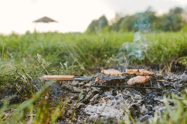 Fleisch Auf Einem Drahtgestell Über Einem Feuer Picknick Der Natur — Stockfoto