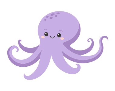 Beyaz arka planda izole edilmiş şirin mor ahtapot.