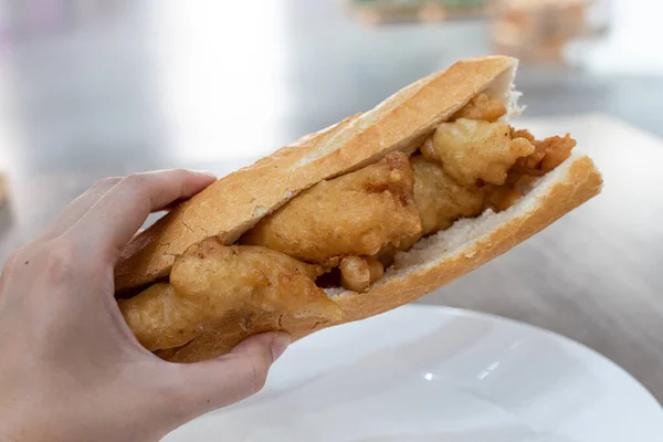 Crispy Baguette Sandwich Fried Fish Delicious — Stock Photo, Image