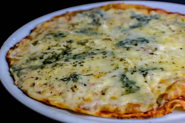 four cheeses pizza with melted cheese and oregano