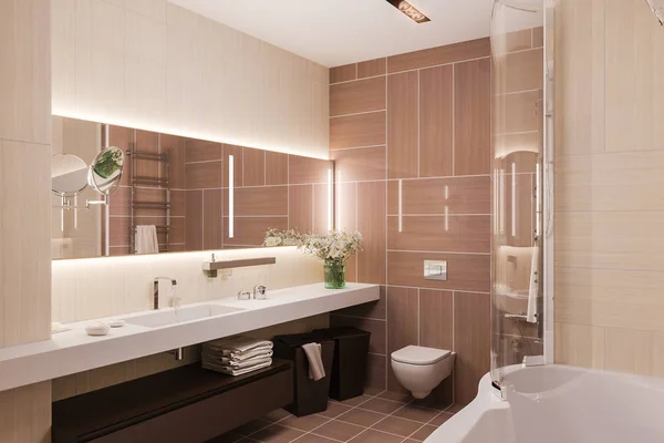3d renderizar el diseño interior de un moderno cuarto de baño con un gran espejo —  Fotos de Stock
