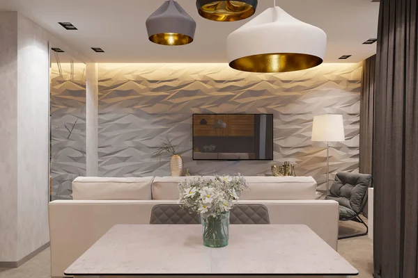 3d render Diseño de interiores en estilo escandinavo, sala de estar — Foto de Stock