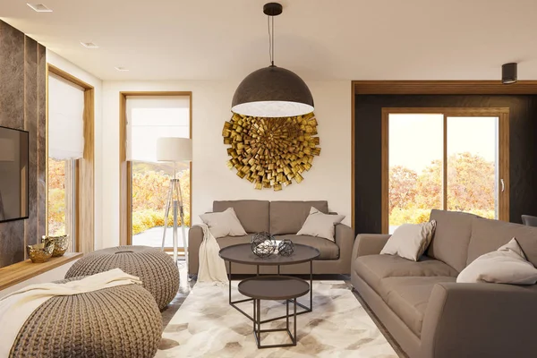 3d renderizar moderno diseño interior de la sala de estar con grandes ventanas panorámicas —  Fotos de Stock
