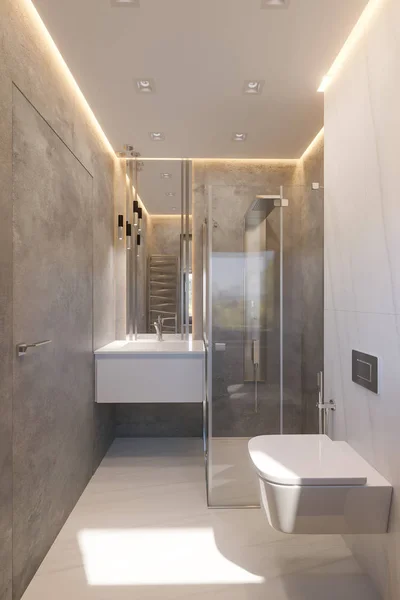 3d renderizar el diseño interior del cuarto de baño con ducha de cristal a ras de suelo — Foto de Stock