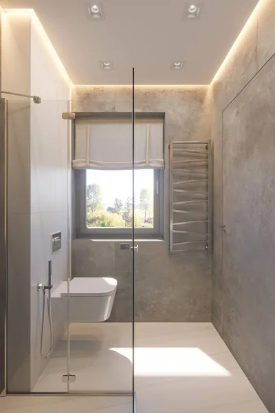 3d renderizar el diseño interior del cuarto de baño con ducha de cristal a ras de suelo — Foto de Stock
