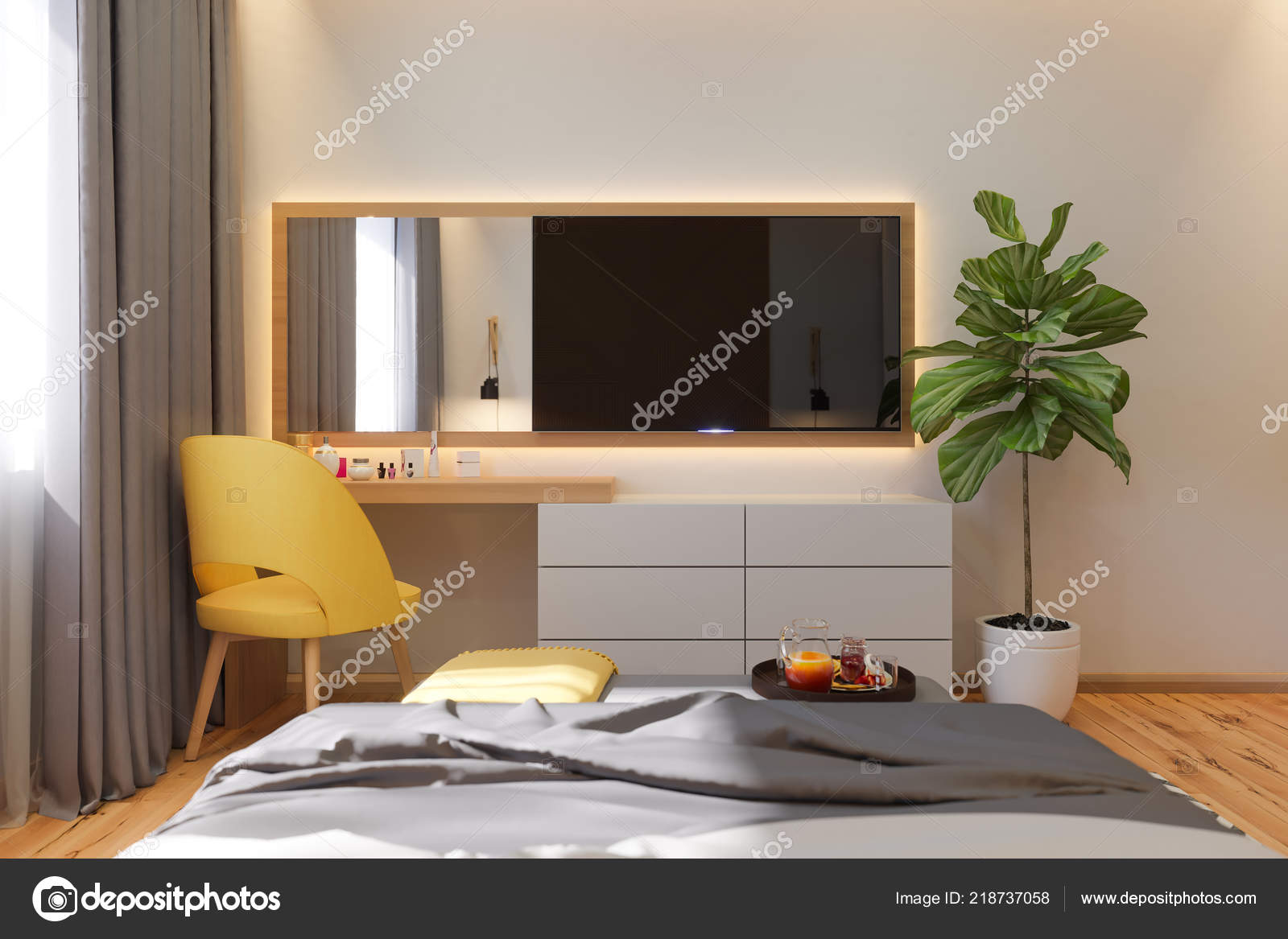3d Illustration Of Bedroom Interior Design Concept In
