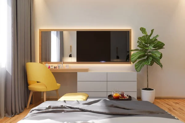 北欧風のベッドルームのインテリア デザインのコンセプトの 3 d イラストレーション — ストック写真