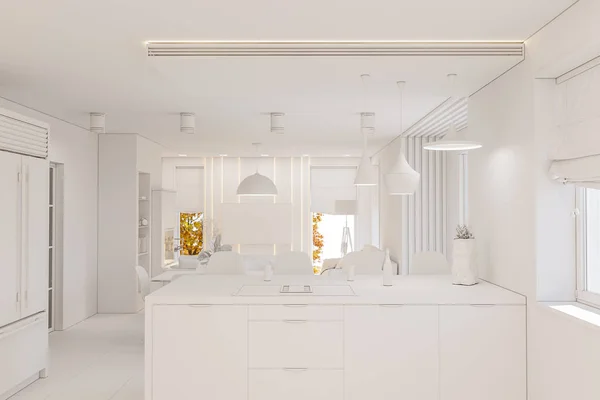Diseño Interior Cocina Color Blanco Moderno Apartamento Estudio Estilo Minimalista —  Fotos de Stock