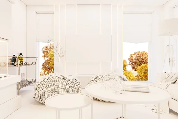 Salón Diseño Interior Con Chimenea Casa Moderna Estilo Minimalista Escandinavo —  Fotos de Stock