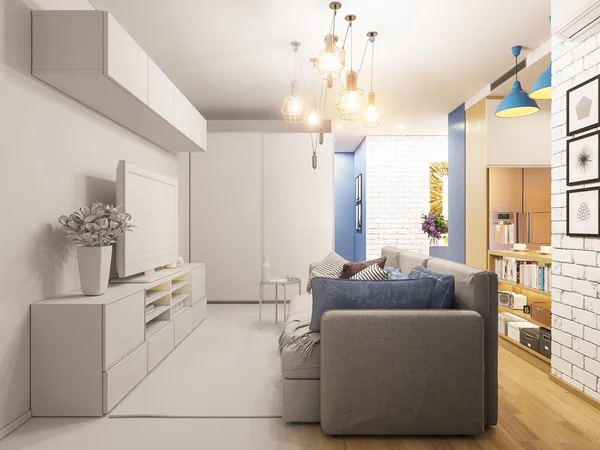 3D illustratie woonkamer en keuken interieur. Moderne — Stockfoto