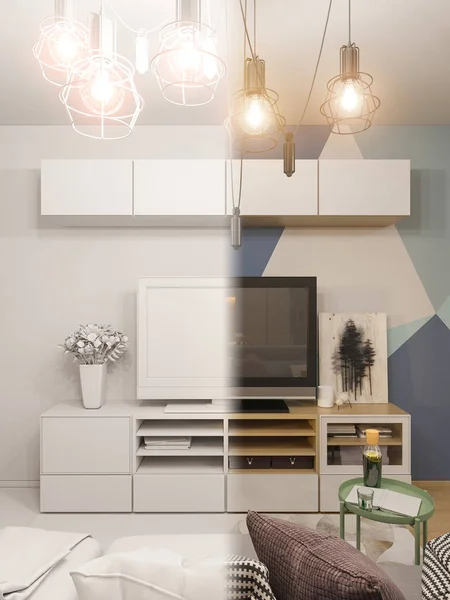3 차원 일러스트 레이 션의 거실 인테리어 디자인입니다. 현대적인 스튜디오 아파트 — 스톡 사진