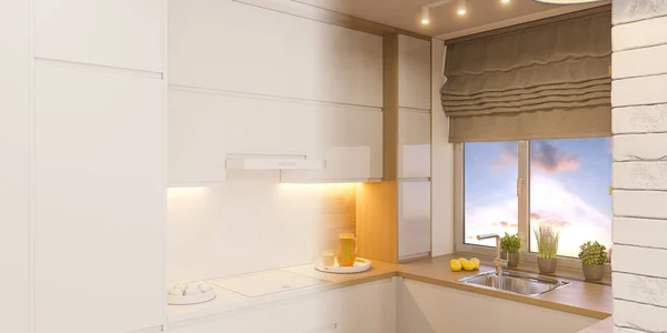 3D иллюстрация дизайн интерьера кухни в белом цвете — стоковое фото