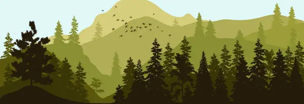 Vectorillustratie van panorama van silhouet van bergen en bossen. Gedetailleerde alpine fir achtergrond — Stockvector