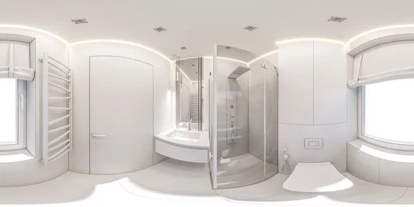 Illustration 3D d'une salle de bain dans un chalet privé. panorama intérieur sans couture à 360 degrés — Photo