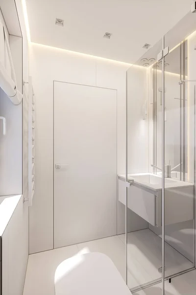 3d ilustración de un cuarto de baño en una casa de campo privada. Diseño de interiores en blanco sin texturas — Foto de Stock