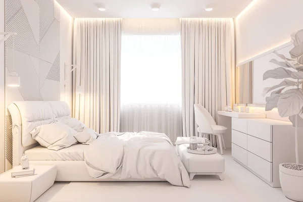Дизайн інтер'єру головної спальні в скандинавському стилі. 3D ілюстрація — стокове фото