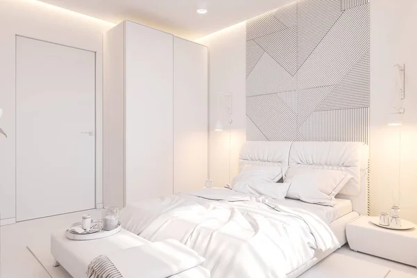 Дизайн інтер'єру головної спальні в скандинавському стилі. 3D ілюстрація інтер'єру без текстури — стокове фото