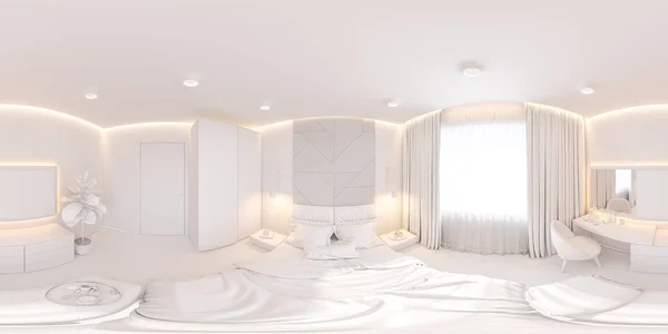 斯堪的纳维亚风格的主卧室的室内设计。无缝的 360 室内全景。3d 插图 — 图库照片