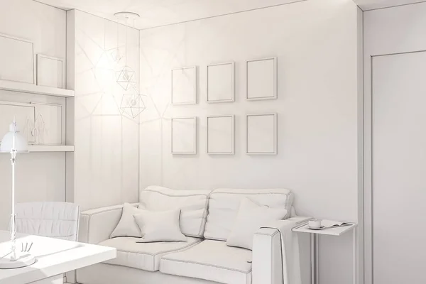 Концепція дизайну інтер'єру домашнього офісу в приватному котеджі. 3d ілюстрація інтер'єру в білому кольорі — стокове фото