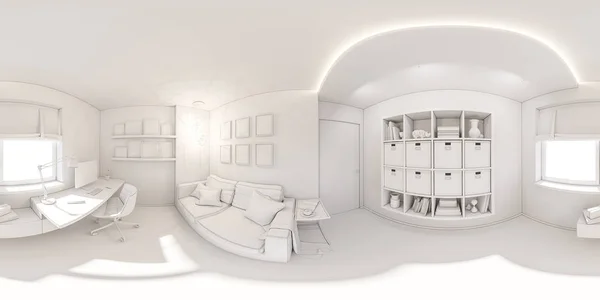 Panorama sin fisuras 360 vr oficina en casa. Ilustración 3d de diseño de interiores de apartamentos modernos — Foto de Stock