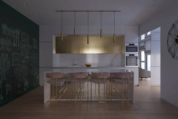 Rendering 3D di una cucina con illuminazione diurna — Foto Stock